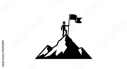 A triumphant person standing on a mountain peak holding a flag, viewed from a distant perspective.