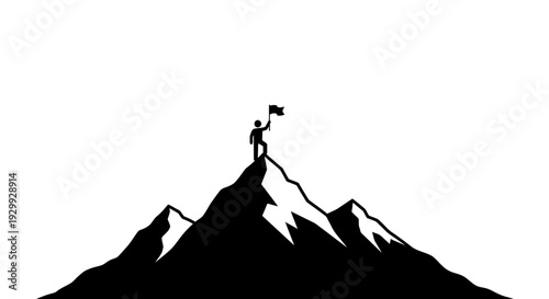 A lone climber stands triumphantly on a mountain peak waving a flag high