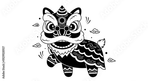 Traditional Chinese Lion Dance Performance Illustration Featuring Cultural Heritage and Vibrant Decorations