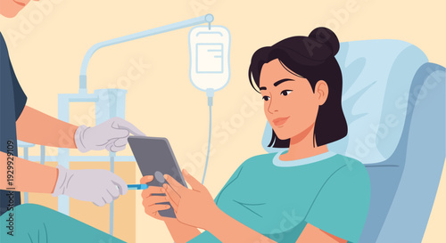 Nurse assisting female patient using a tablet while recovering in a hospital bed with IV drip. E-health technology concept vector.