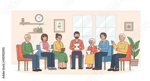 Support Group Meeting Illustration. Diverse Senior and Middle-Aged People Sitting in a Circle for Therapy, Discussion, or Community Class.