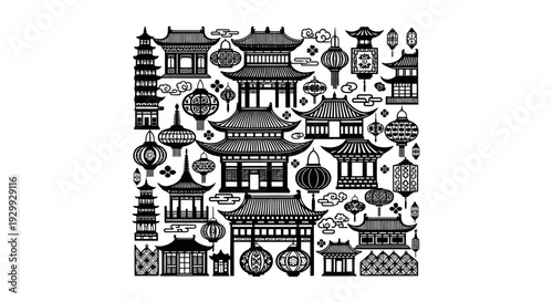Collection of Asian Architectural Icons and Landmarks Illustrated in Black and White