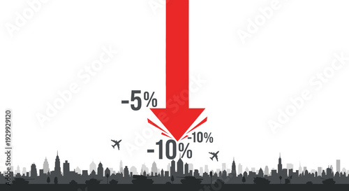 City skyline with percentage decrease indicators and airplanes in flight from a high vantage point