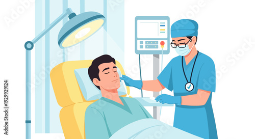 Medical Professional Monitoring Male Patient in Hospital Bed. Post-Surgery Recovery, Anesthesia, and Critical Care Illustration.