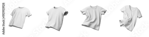 Set and collection of white cotton t-shirts in motion and flying fabric mockups isolated on white transparent png background.