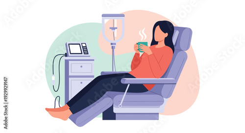 Patient Relaxing in Recliner Receiving Chemotherapy or IV Infusion Therapy. Woman Managing Chronic Illness with Comfort and Support.