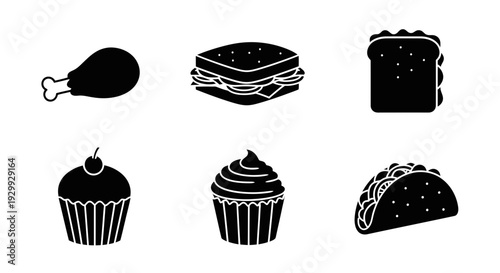 Assorted food items including meat, sandwiches, cupcakes, and tacos displayed in a minimalist black and white graphic style