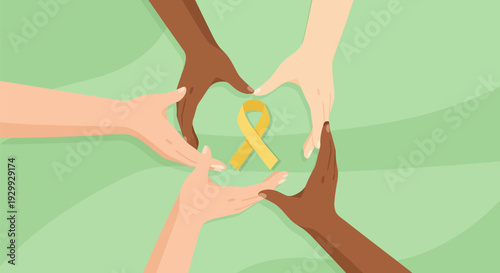 Unity and Diversity: Hands Supporting Yellow Awareness Ribbon. Global Solidarity, Cancer Support, Suicide Prevention, Endometriosis.