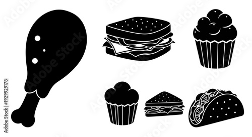Assorted food items including chicken leg, sandwiches, cakes, and pastries on a clean white background from a straightforward viewpoint