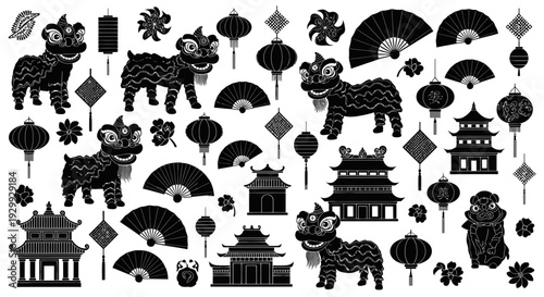 Collection of Traditional Chinese Cultural Icons and Symbols in Black and White Illustrations