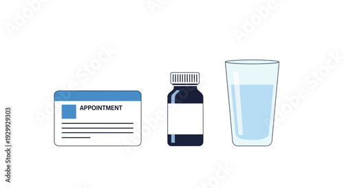 Medical Appointment Card, Prescription Bottle, and Glass of Water for Healthcare Management Illustration