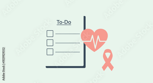 Health Goal Checklist and Medical To-Do List with Heartbeat Icon and Awareness Ribbon. Prevention and Wellness Scheduling Graphic.