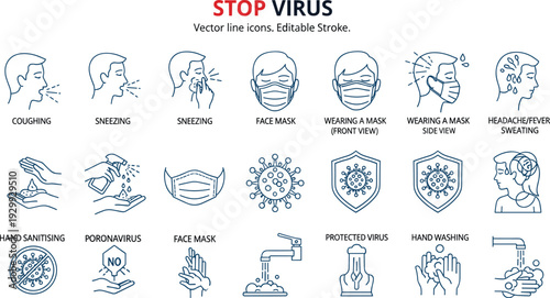 Vector line icons for virus prevention including hand washing face masks coughing sneezing and medical hygiene protocols