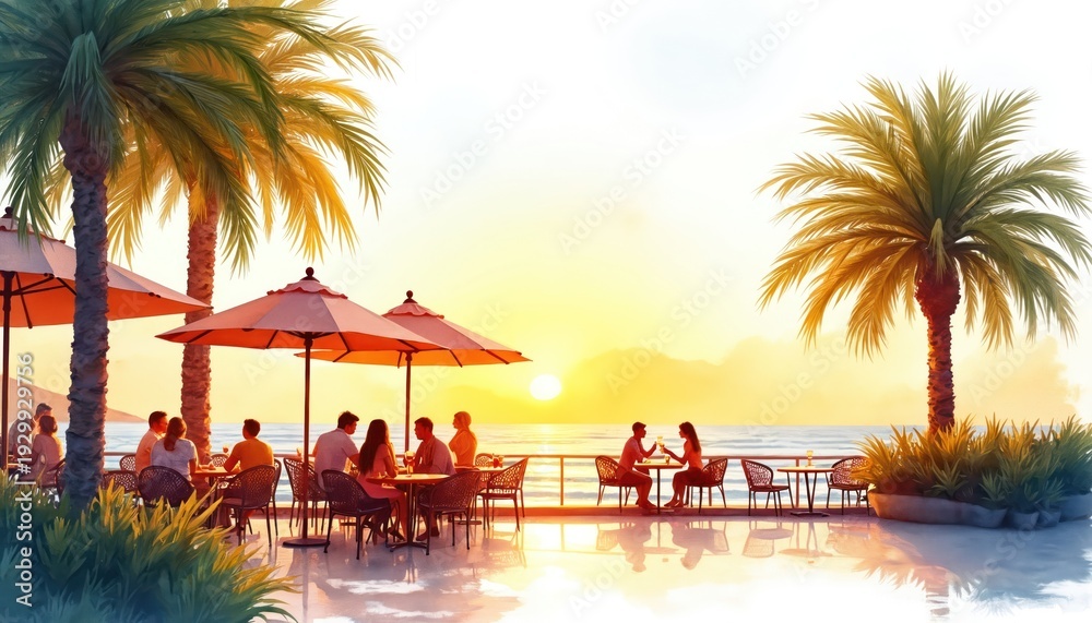 Naklejka premium People eat at cafe tables under umbrellas by the sea at sunset. Palm trees frame ocean view, couples dine at tables. Warm colors glow on water.