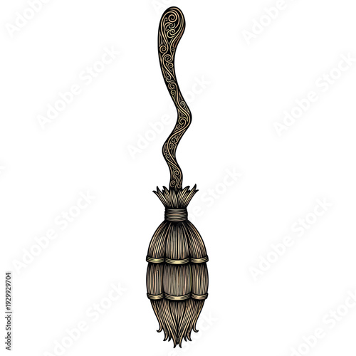 Whimsical Witch Broomstick with Ornate Handle, Halloween Decoration
