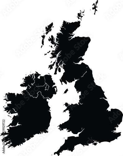 Black silhouette map of United Kingdom with white outlines