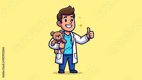 Happy Pediatrician Doctor Mascot Holding Teddy Bear Giving Thumbs Up. Friendly Children's Healthcare Approval Cartoon Illustration.