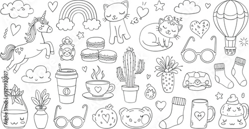 Cute cartoon elements collection for kids' coloring