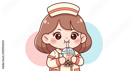 Cute Barista Girl Character Sipping Bubble Tea. Happy Kawaii Cartoon Woman Drinking Boba Milk Tea Drink Illustration Vector.