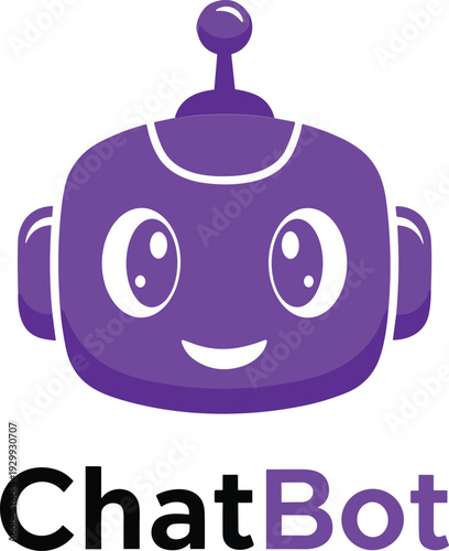 Friendly chatbot robot with purple design and smiling face
