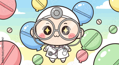 Cute Chibi Doctor Character with Stethoscope Floating Among Colorful Medicine Balloons. Adorable Kawaii Pediatric Healthcare Mascot Illustration.