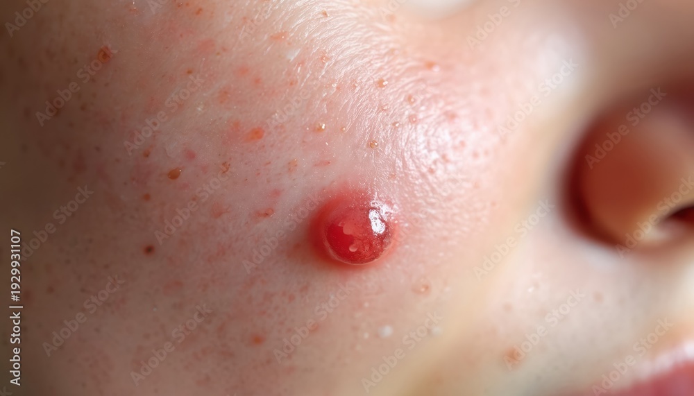 Fototapeta premium Close view of skin with red inflamed pimple and other acne blemishes. Shows skin pores and texture, indicating problem areas needing care. Focuses on facial imperfections and breakouts.