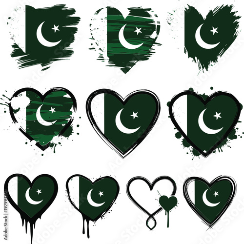 Pakistan flag heart designs with creative brush strokes and paint splatters