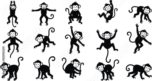 Set of playful monkey silhouettes in various dynamic poses