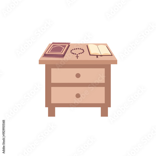 Illustration of a wooden desk with drawers, books, and objects on top in a minimalist style