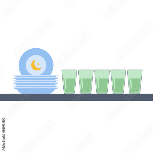 Stacked plates and glasses on a table in a minimalist kitchen setting viewed from the side