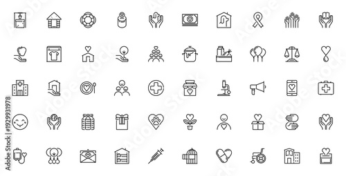 Charity icon set. Vector symbols for donation, volunteer, aid, shelter, healthcare, environment and more. Editable stroke line icons.
