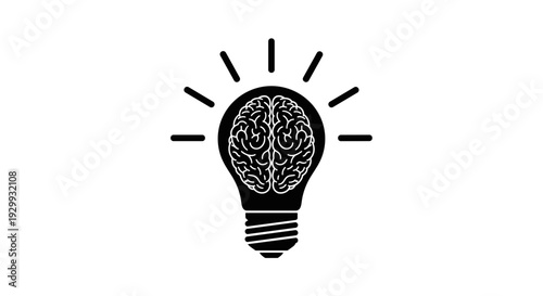 Illuminated light bulb silhouette containing a detailed brain illustration symbolizing brilliant ideas innovation