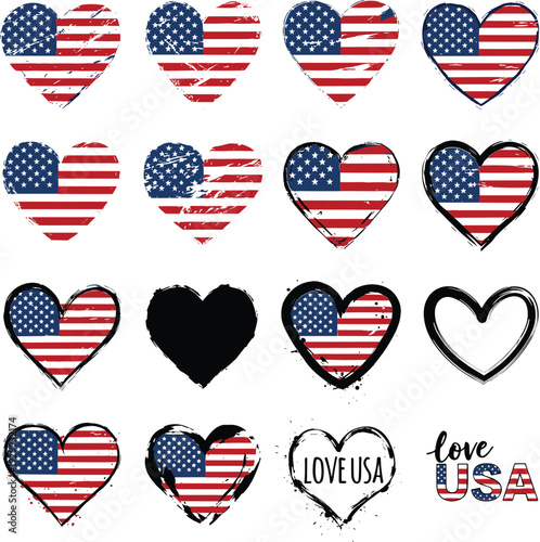 American heart symbols with USA flag designs and love USA text