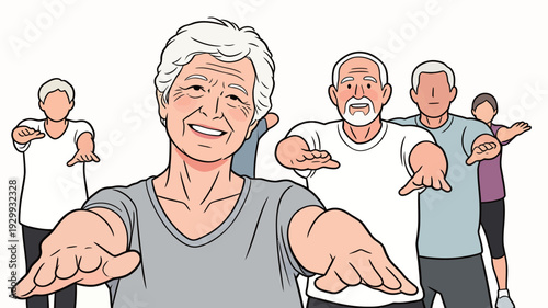 A group of seniors takes part in an exercise class at a community center, stretching and smiling together.