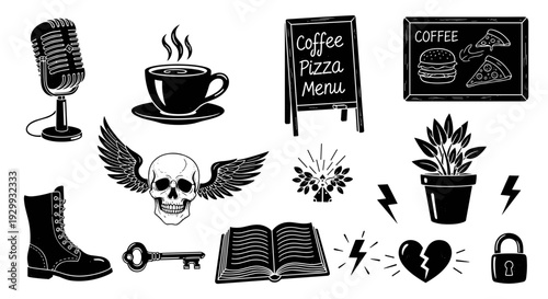 Hand drawn sketch collection of vintage microphone steaming coffee cup winged skull old book boot and key on white
