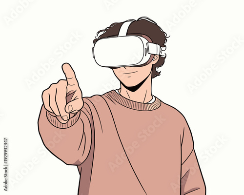 A person with curly hair wears a virtual reality headset and points with one finger. They focus on an unseen digital experience.