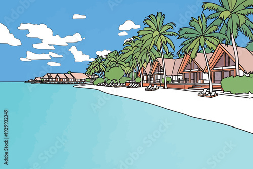 Wooden bungalows line the shore of a tropical beach with palm trees under a blue sky. Calm water reflects the sunny day.