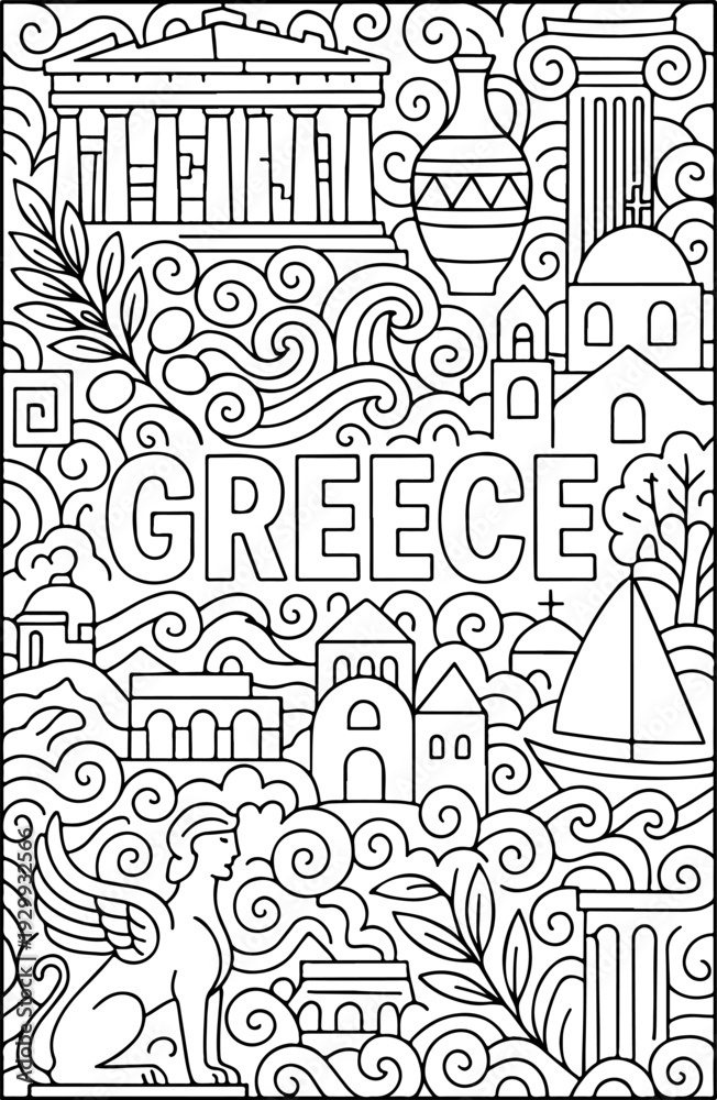Naklejka premium Greece hand drawn vector illustration doodle art line art coloring page for kids