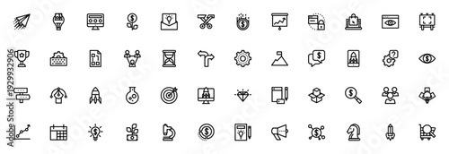 Startup and New Business icon set. Vector line icons for launch, funding, growth, marketing, planning, investment, strategy, research and more.