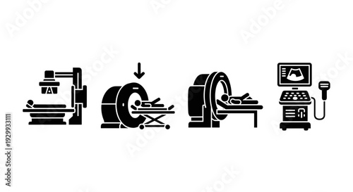 Medical diagnostic imaging equipment icons set including mri scanner ct scan machine x ray system and ultrasound device