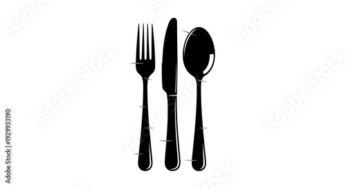 Elegant black silhouette of a fork knife and spoon set on a white background representing dining cuisine and culinary