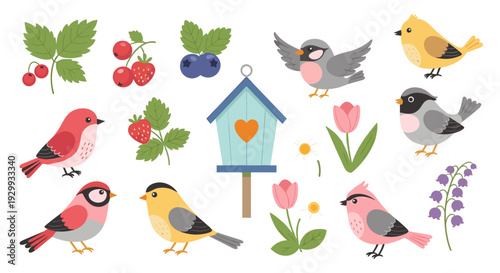 Charming collection of diverse cartoon birds colorful tulips ripe berries and a quaint wooden birdhouse set