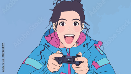A girl sits inside with a video game controller in her hands. She is smiling and enjoying her gaming session.