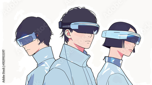 Three individuals are standing together, each wearing unique futuristic glasses. They have different hairstyles and expressions.