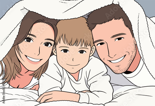 A family shares smiles while sitting under a large blanket on a bed. They are enjoying their time together in the evening.