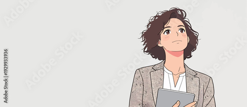 A woman stands with a tablet in her hands. She looks thoughtful while dressed in an informal suit against a plain background.