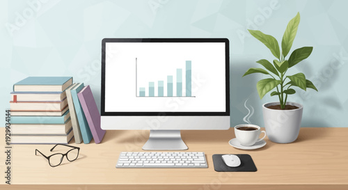 Modern office desk with computer and workspace essentials.