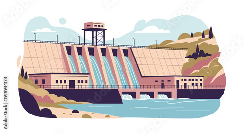 Hydroelectric Dam with Water Flowing Through Sluice Gates.