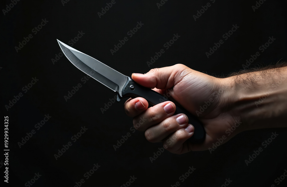 Fototapeta premium Man holds sharp folding knife ready for action. Close-up on hand with blade against dark background. Weapon in grip ready for attack or defense.