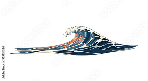 Stylized ocean wave illustration with blue and orange hues.